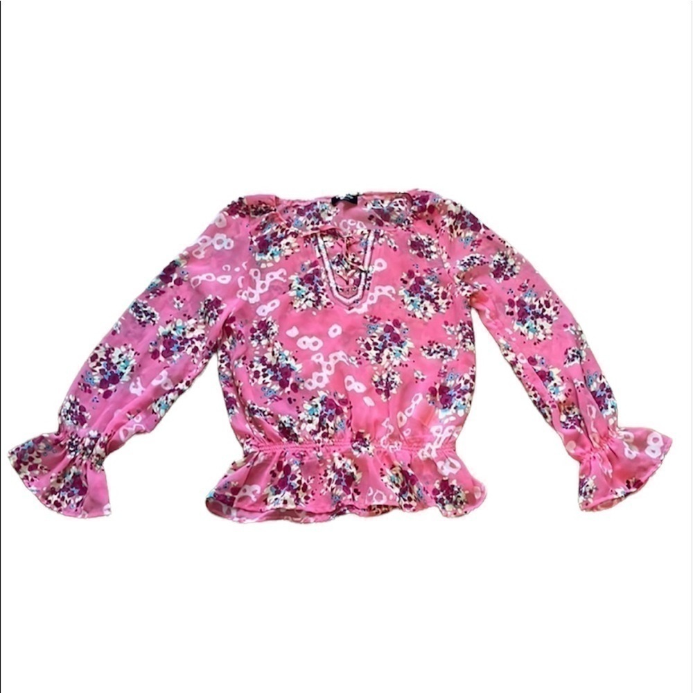 Pop Up Couture women’s pink floral blouse peasant top cottage core Size Large